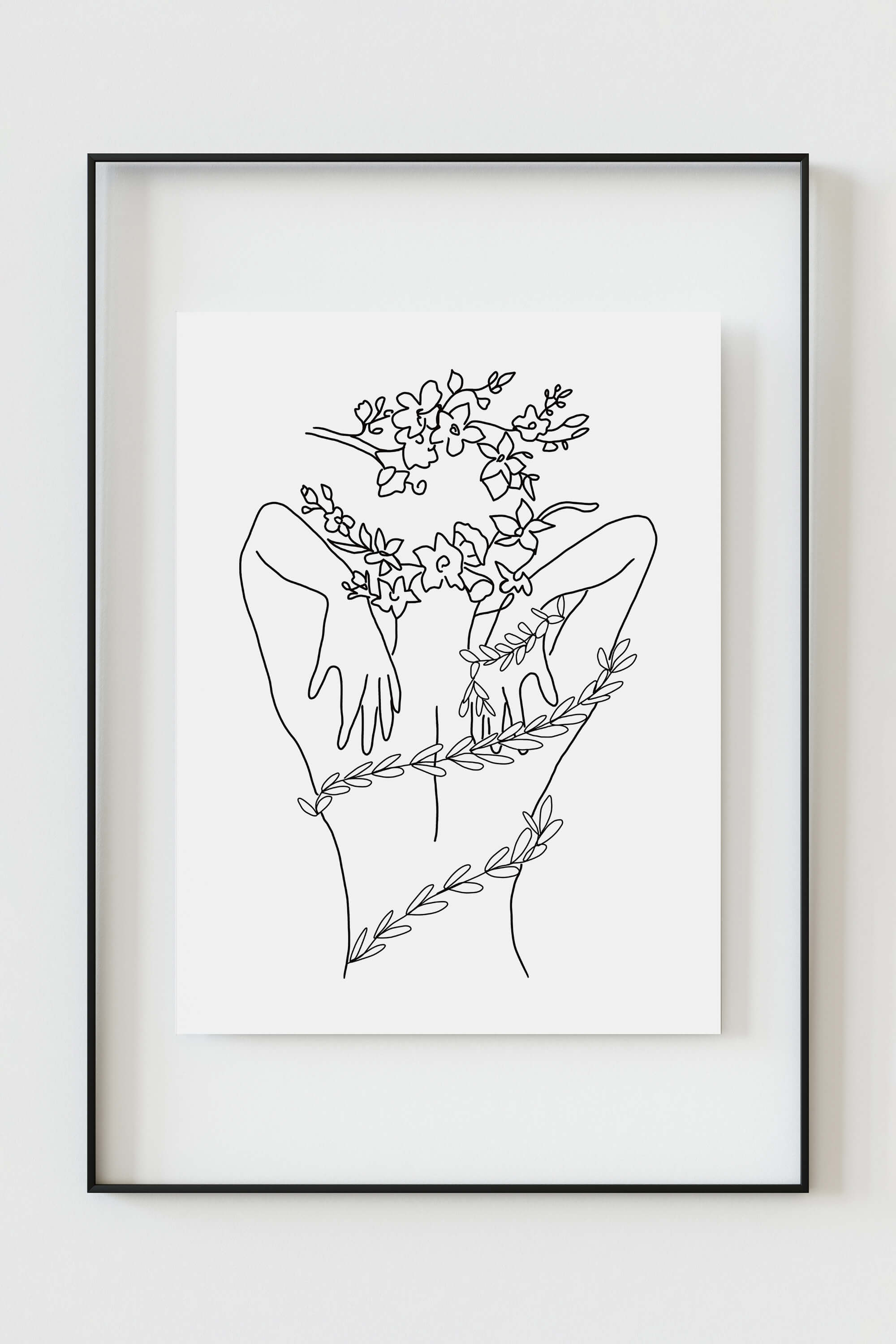 Self-love line art poster with botanical floral elements, celebrating the harmony between nature and femininity.