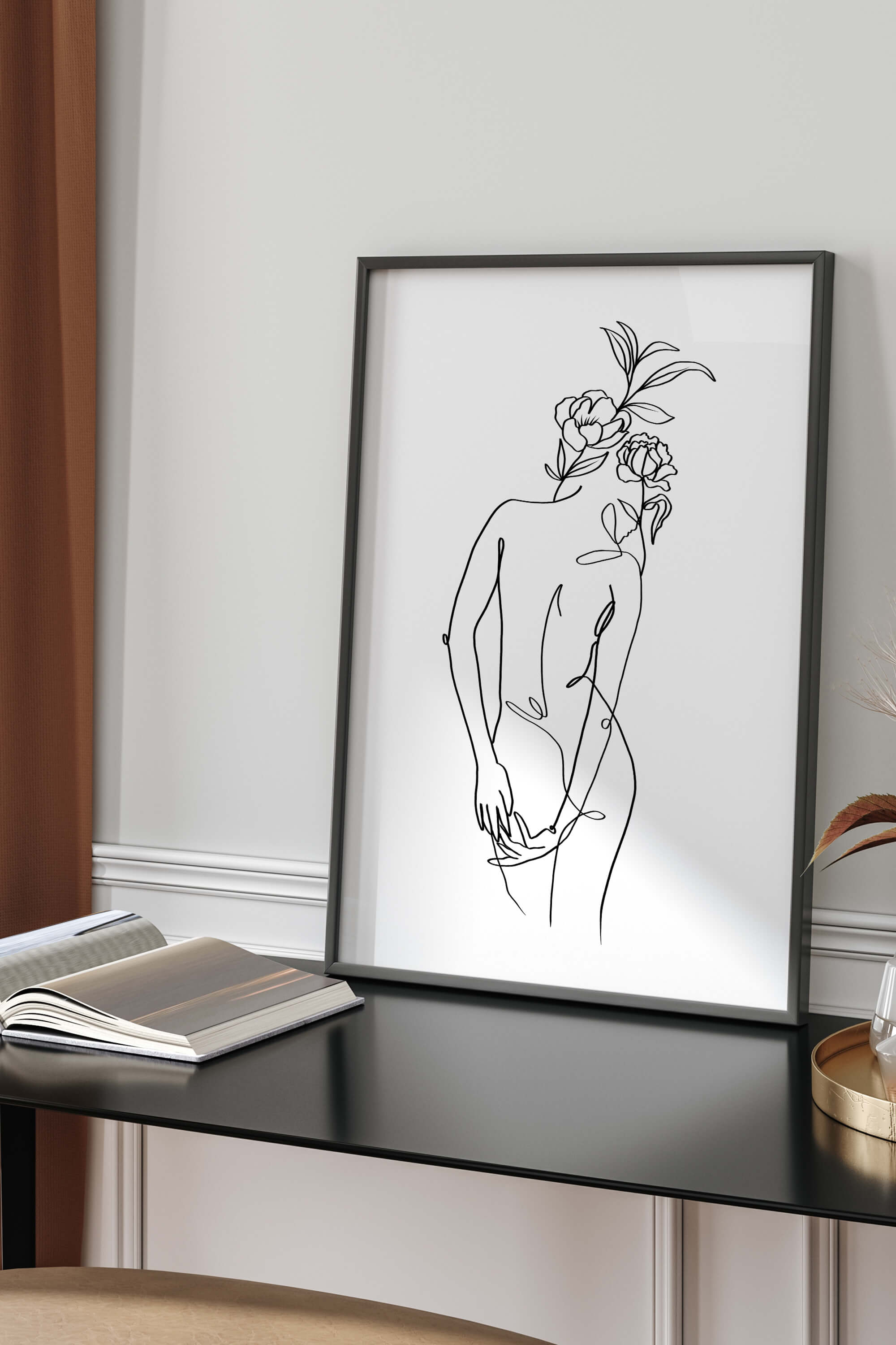 This art print combines monochrome elegance with cultural motifs, featuring a nude female form adorned with symbols inspired by diverse cultures. The intricate details celebrate cultural diversity, creating a visually rich and meaningful composition.