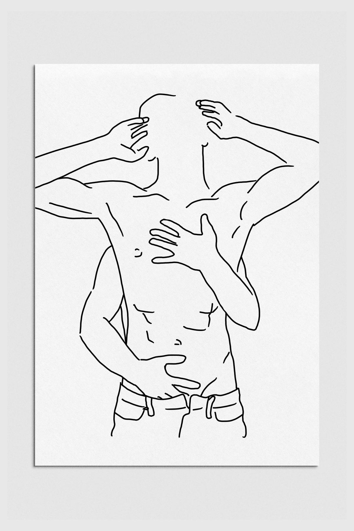 Monochrome line art featuring a sensual male couple in an intimate embrace, evoking elegance and passion. Perfect for lovers of gay art and monochromatic wall decor.