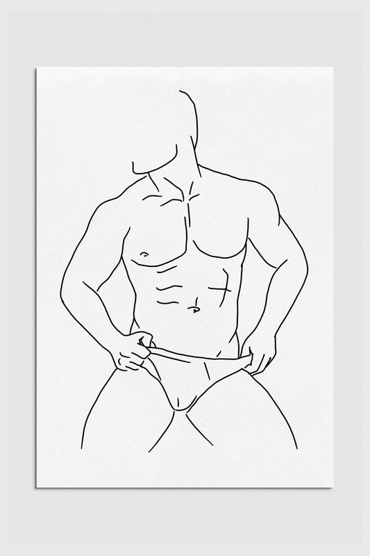 Explore the captivating allure of sensual male art in this monochrome nude line art print. Delicate lines and subtle tones evoke a sense of intimacy, making it a perfect addition to your space. 2000