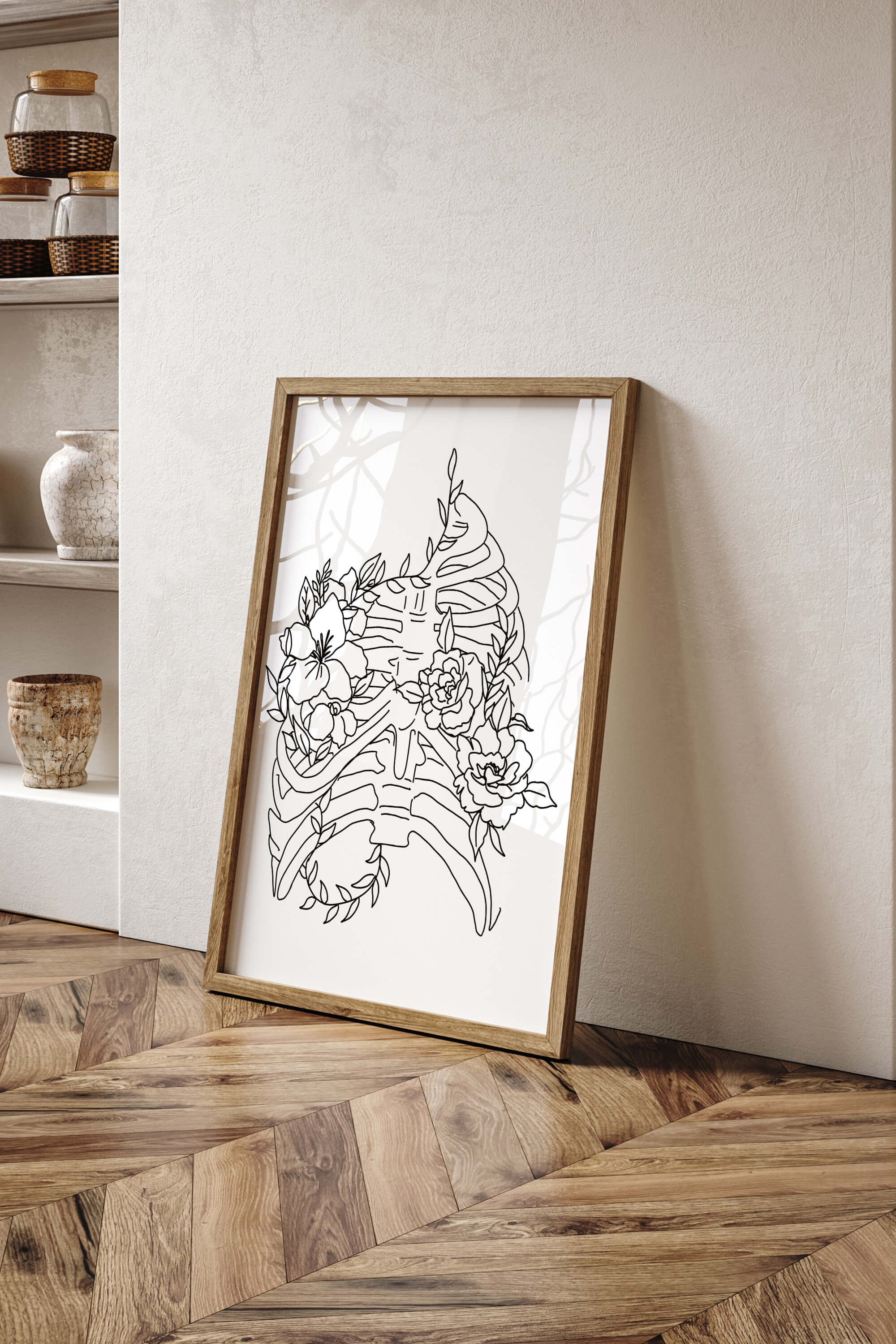 Serenity-inducing monochrome floral anatomy wall art. Upgrade your space with this timeless beauty, harmonizing with various decor styles.