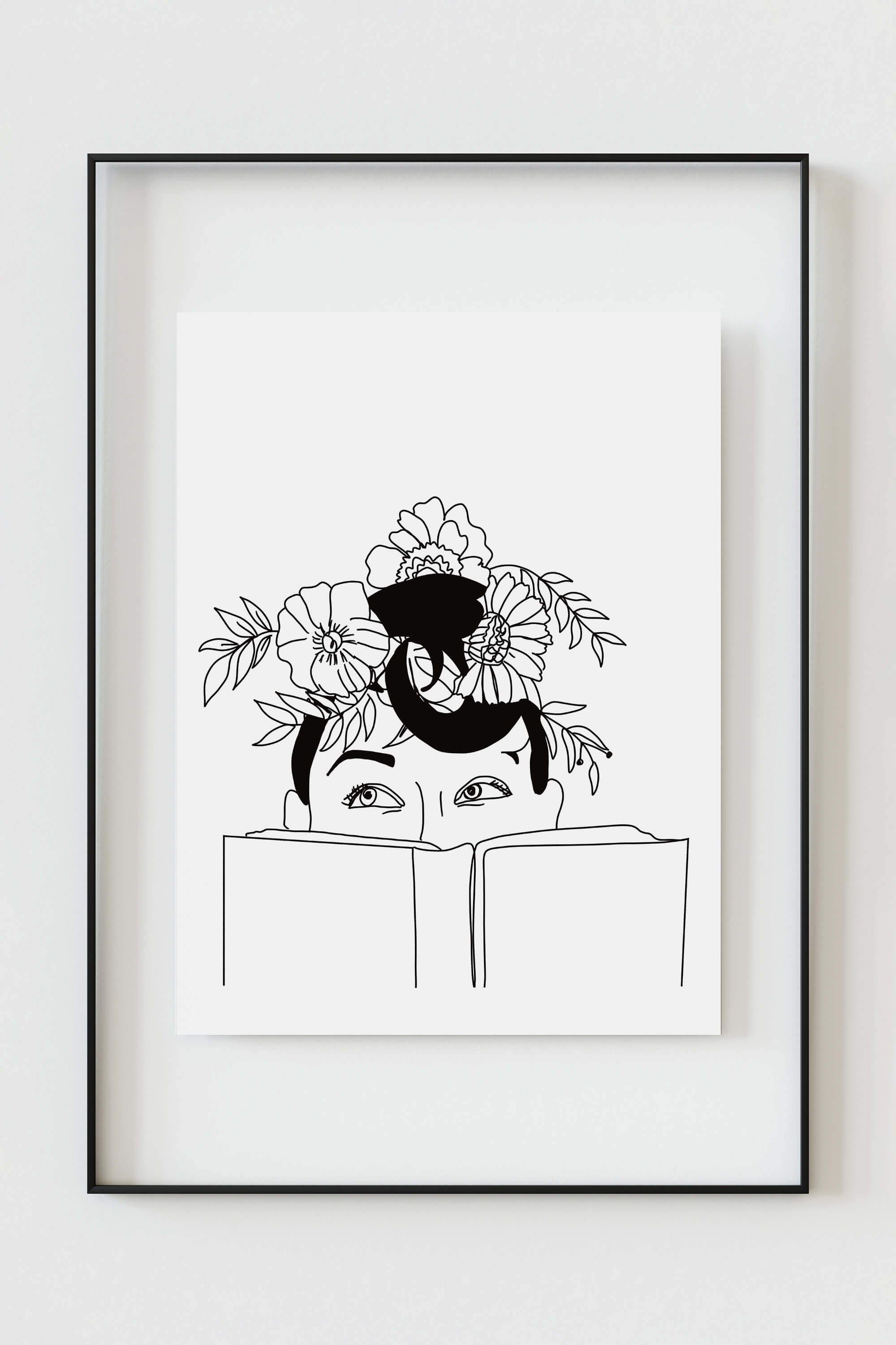 Serenity-themed line art print featuring a mesmerizing floral headpiece. Elevate your space with this captivating artwork, blending nature and art in a high-quality black-and-white composition.