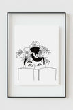 Serenity-themed line art print featuring a mesmerizing floral headpiece. Elevate your space with this captivating artwork, blending nature and art in a high-quality black-and-white composition.