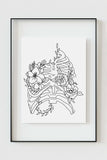Intricate monochromatic skeleton wall art featuring a delicate balance of skeletal form and blooming flowers. A mesmerizing dance of shadow and light captured on canvas. 