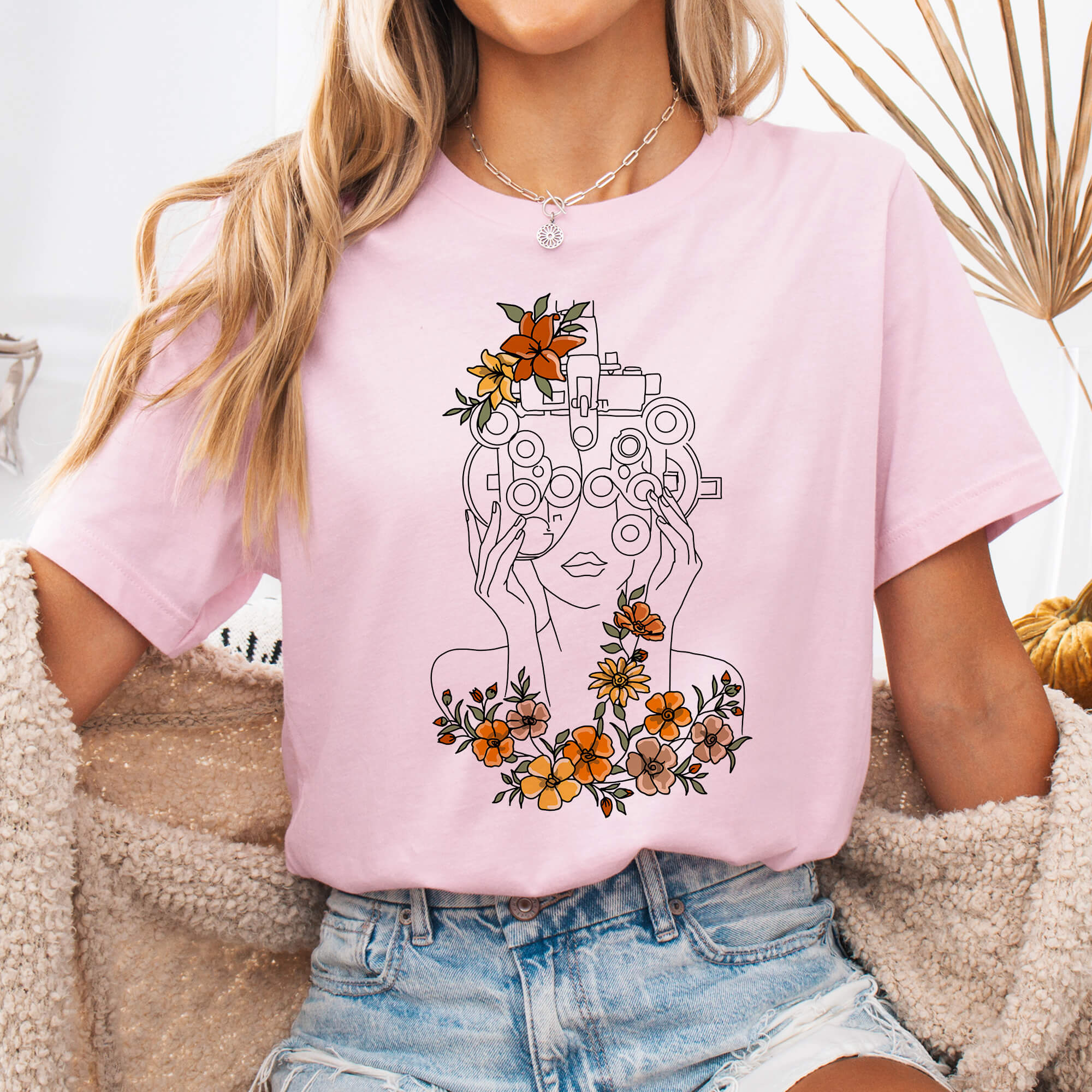 Soft Pink Floral Phoropter Line Art T-Shirt