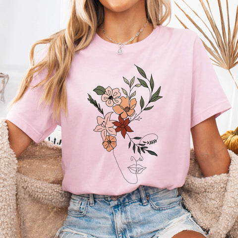 Soft Pink Floral Face Bloom Line Art T-Shirt