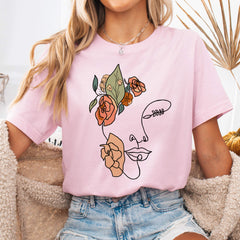 Soft Pink Abstract Floral Face Line Art T-Shirt