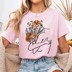 Soft Pink Self Love Floral Hug Line Art T-Shirt