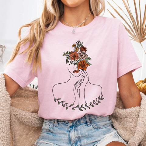 Soft Pink Woman & Flowers Line Art T-Shirt