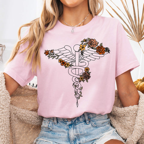 Soft Pink Floral Caduceus Medical Symbol T-Shirt