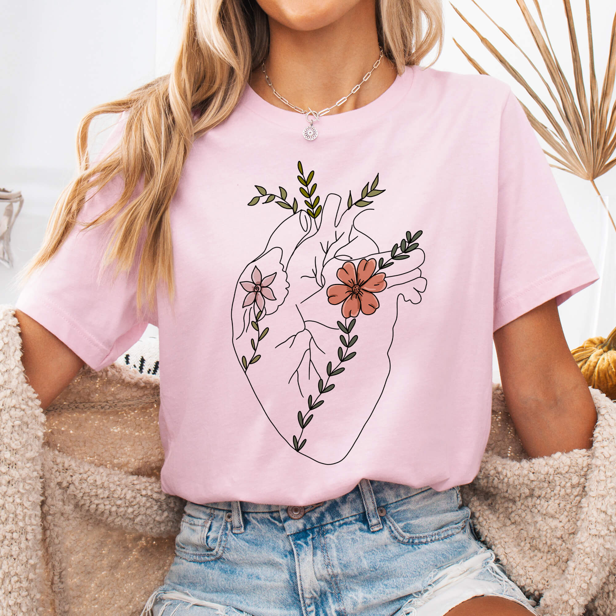 Soft Pink Floral Anatomical Heart Line Art T-Shirt 
