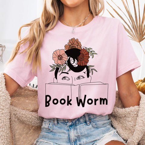 Soft Pink Floral Book Worm Line Art T-Shirt
