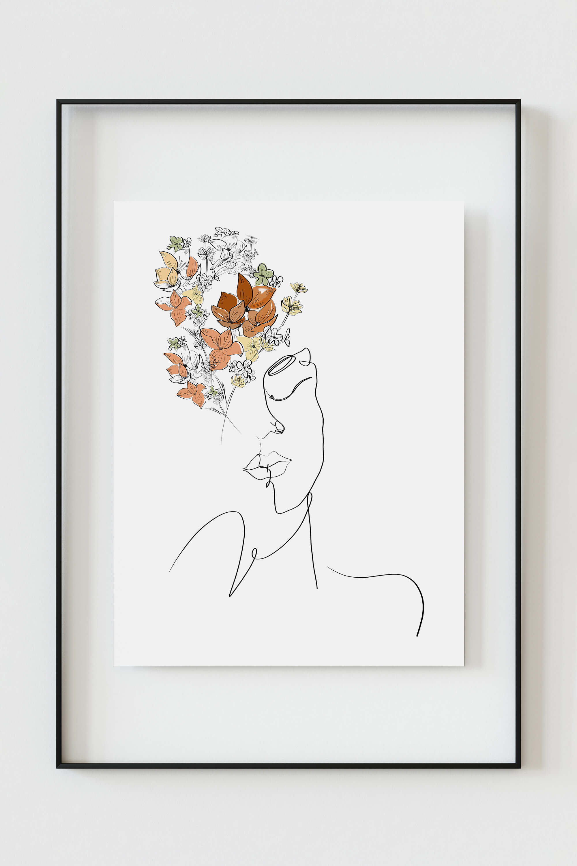 Sophisticated and modern feminine art print showcasing a woman's floral portrait, perfect for chic home interiors.