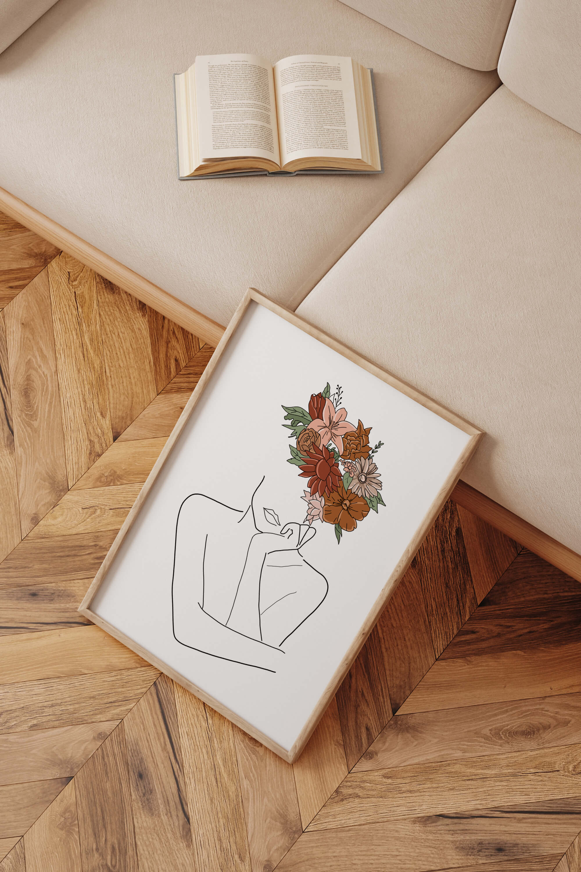 Sophisticated line art of a thinking woman with a blooming flower head, a minimalist depiction of feminine wisdom.