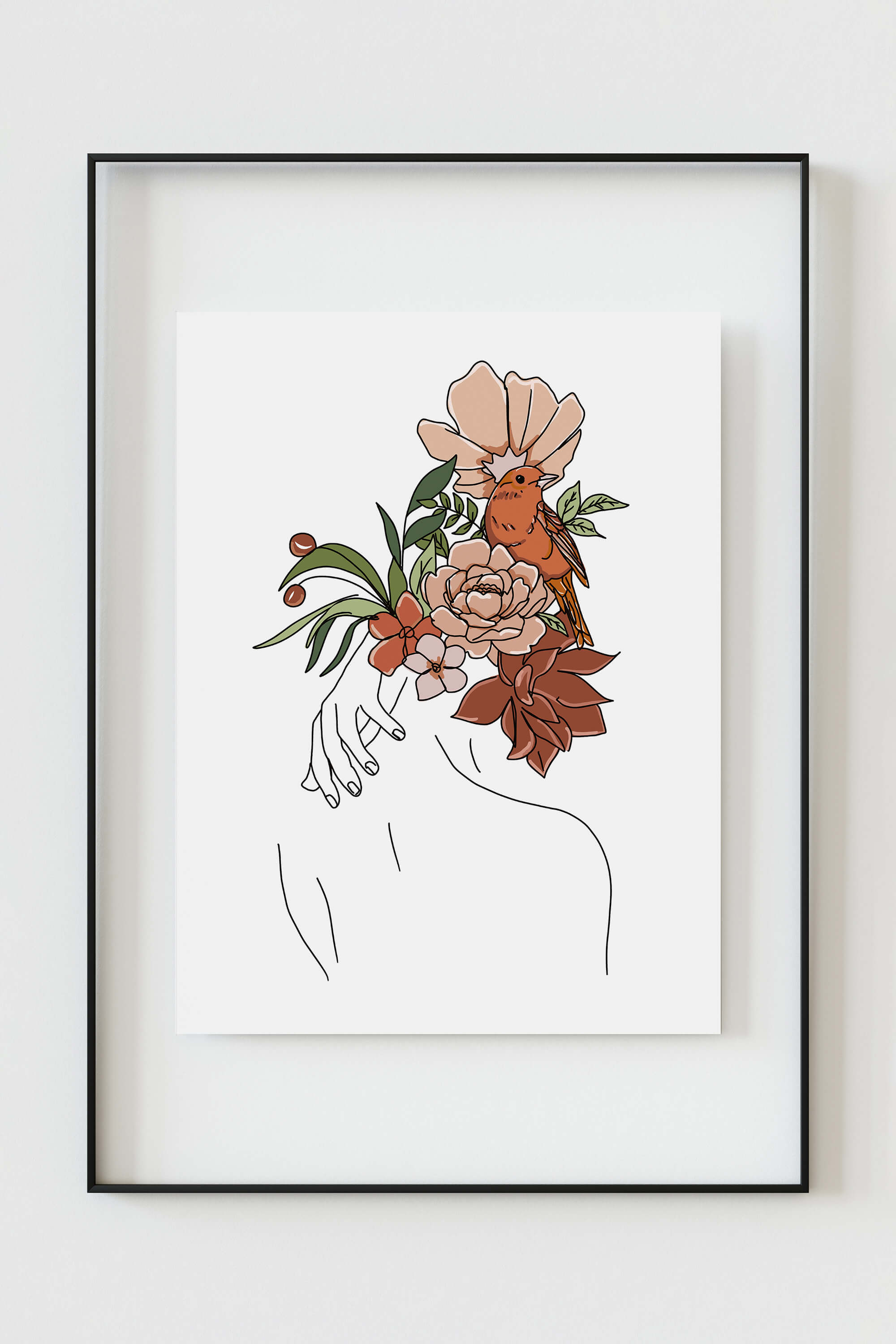 Sophisticated art piece showcasing a woman's back with a graceful floral headpiece in minimalist style.