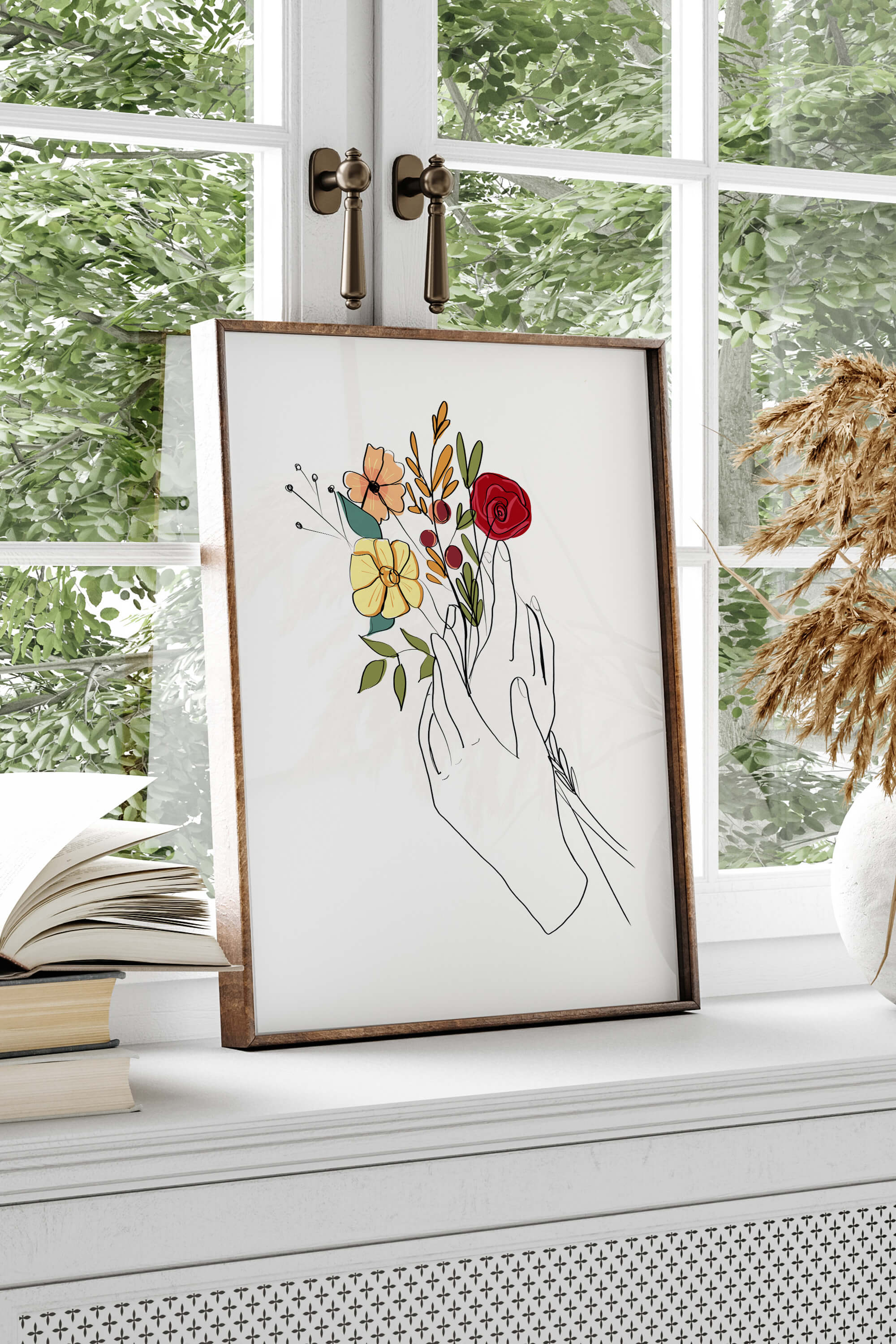 Artistic print of a sophisticated woman cradling a bouquet, showcasing strength and grace.