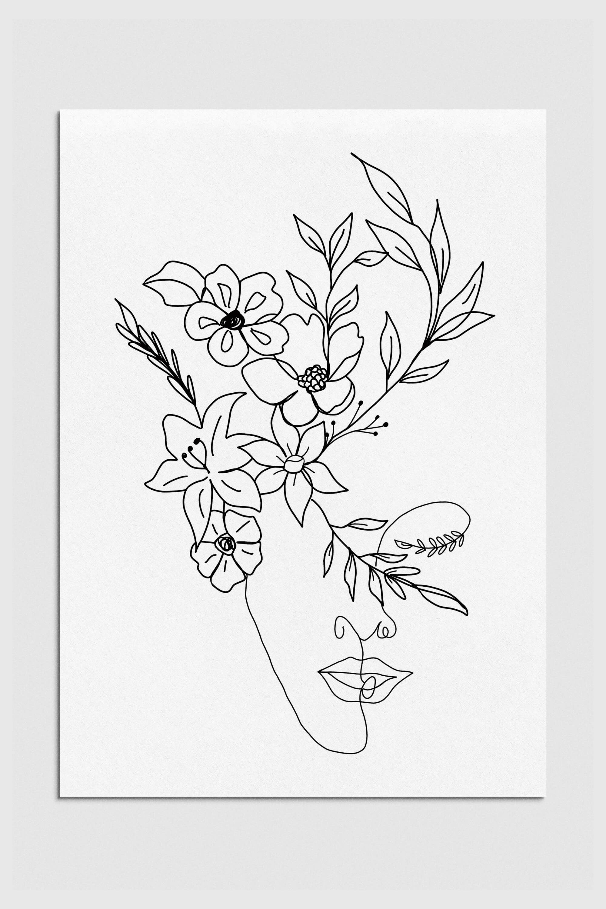 Sophisticated woman with floral face in black and white. Nature-inspired art print for home decor with a focus on elegance and femininity.