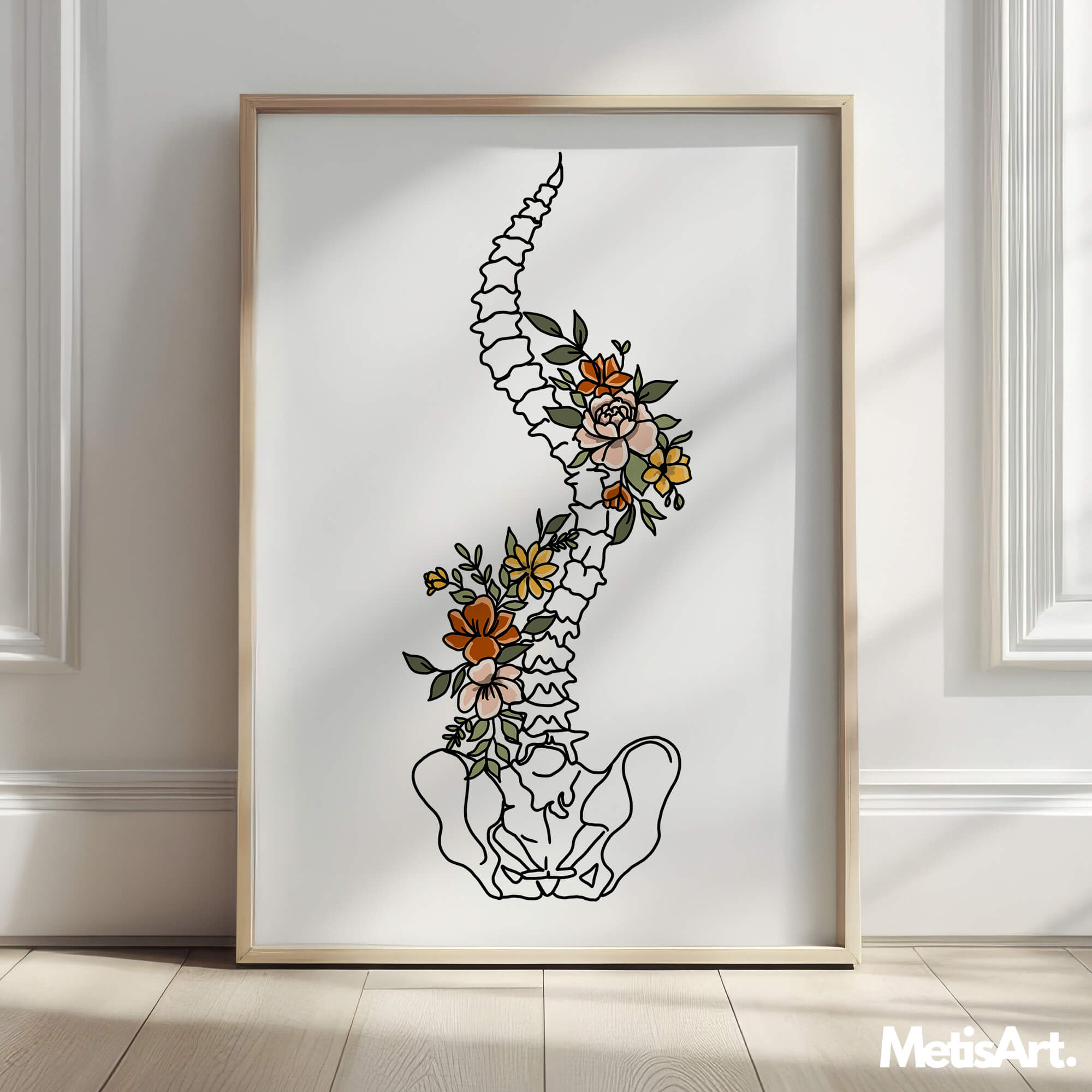 Close-up of spine anatomy drawing with orange, pink and yellow botanical details.