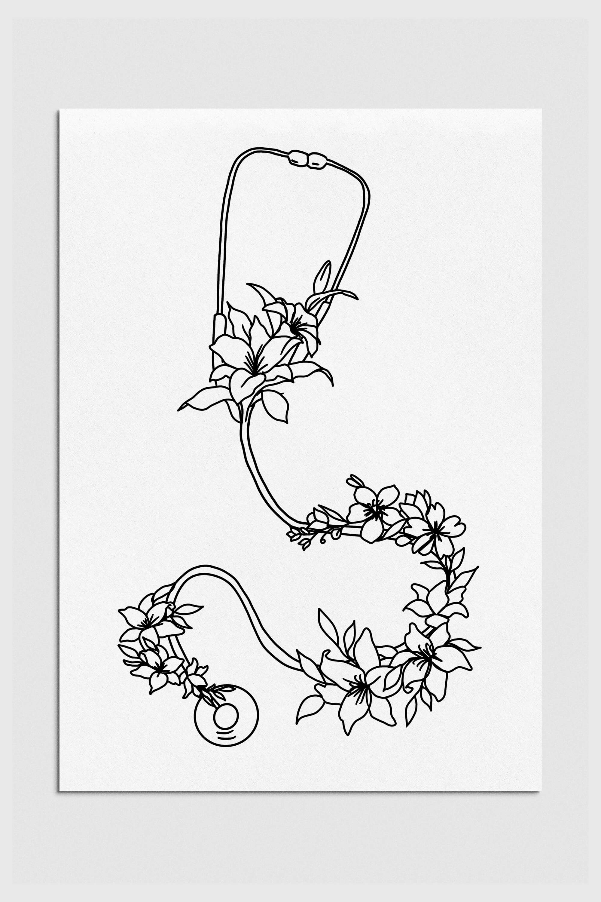 Elegant black and white illustration featuring a floral stethoscope, blending nature and medical themes for a unique cardiologist gift.