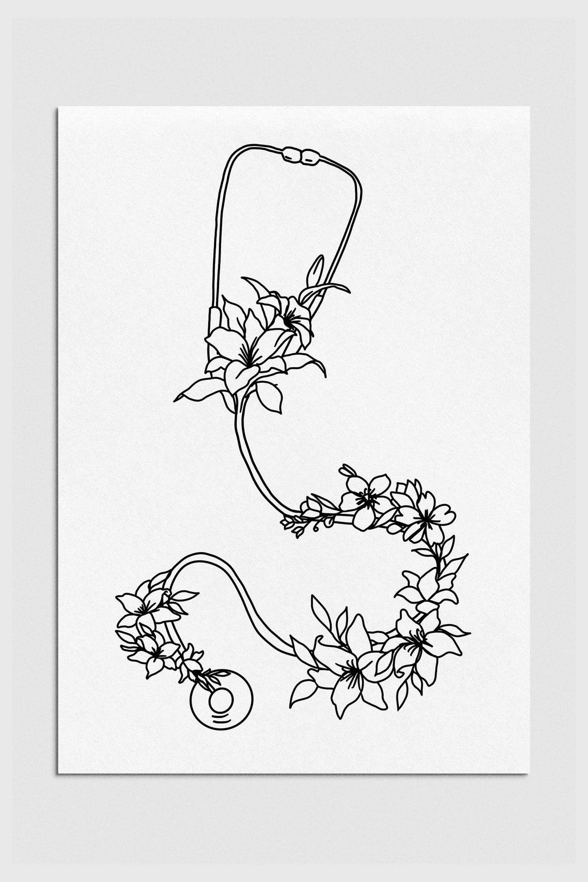 Elegant black and white illustration featuring a floral stethoscope, blending nature and medical themes for a unique cardiologist gift.