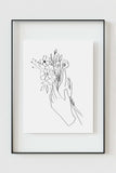 Strength of a Woman's Spirit: A captivating line art piece symbolizing resilience and grace, featuring a woman holding a bouquet. Ideal for those seeking sophisticated and elegant wall decor.