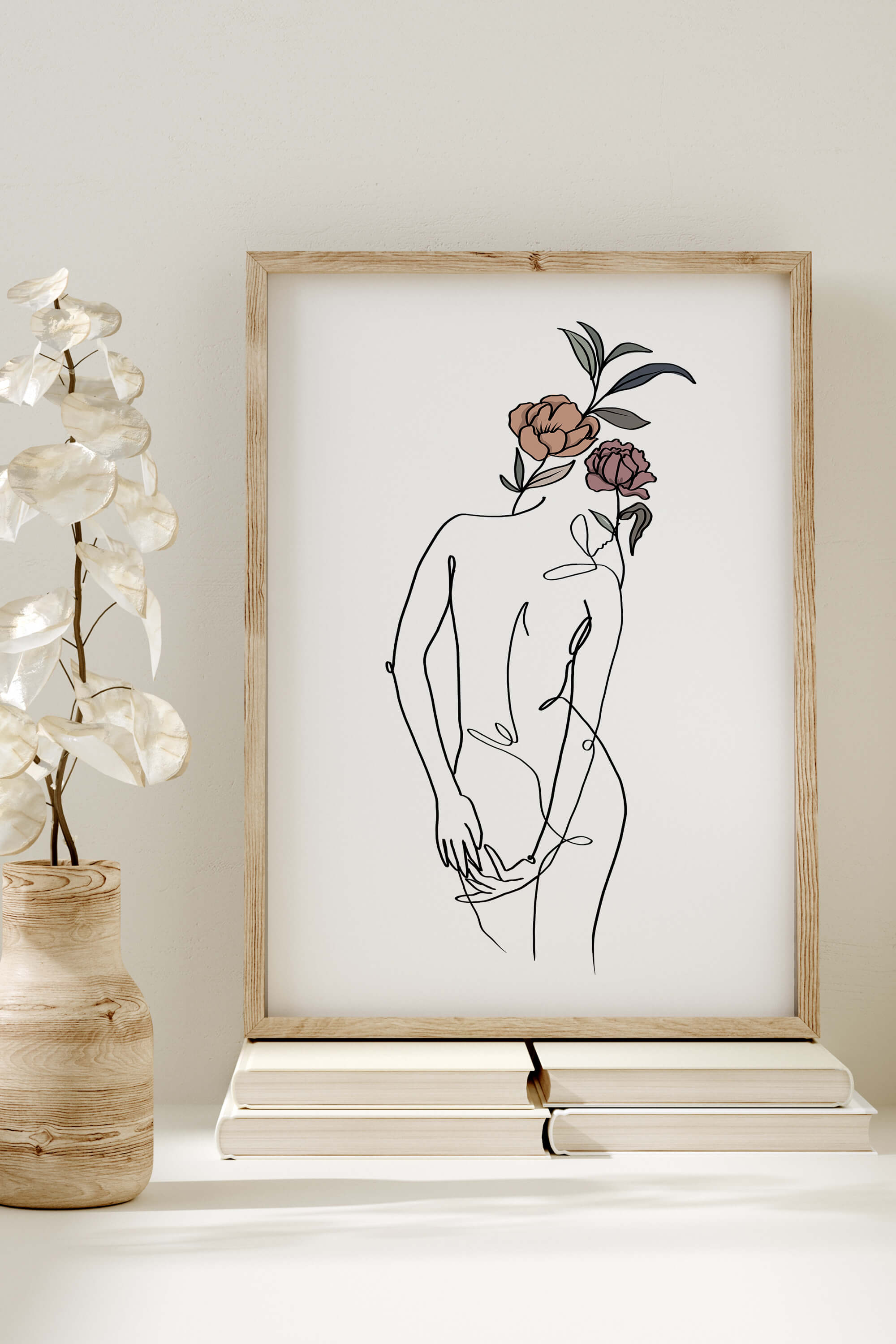 A tasteful depiction of a beautiful woman against a white background, featuring intricate line art and a subtle touch of floral elements.