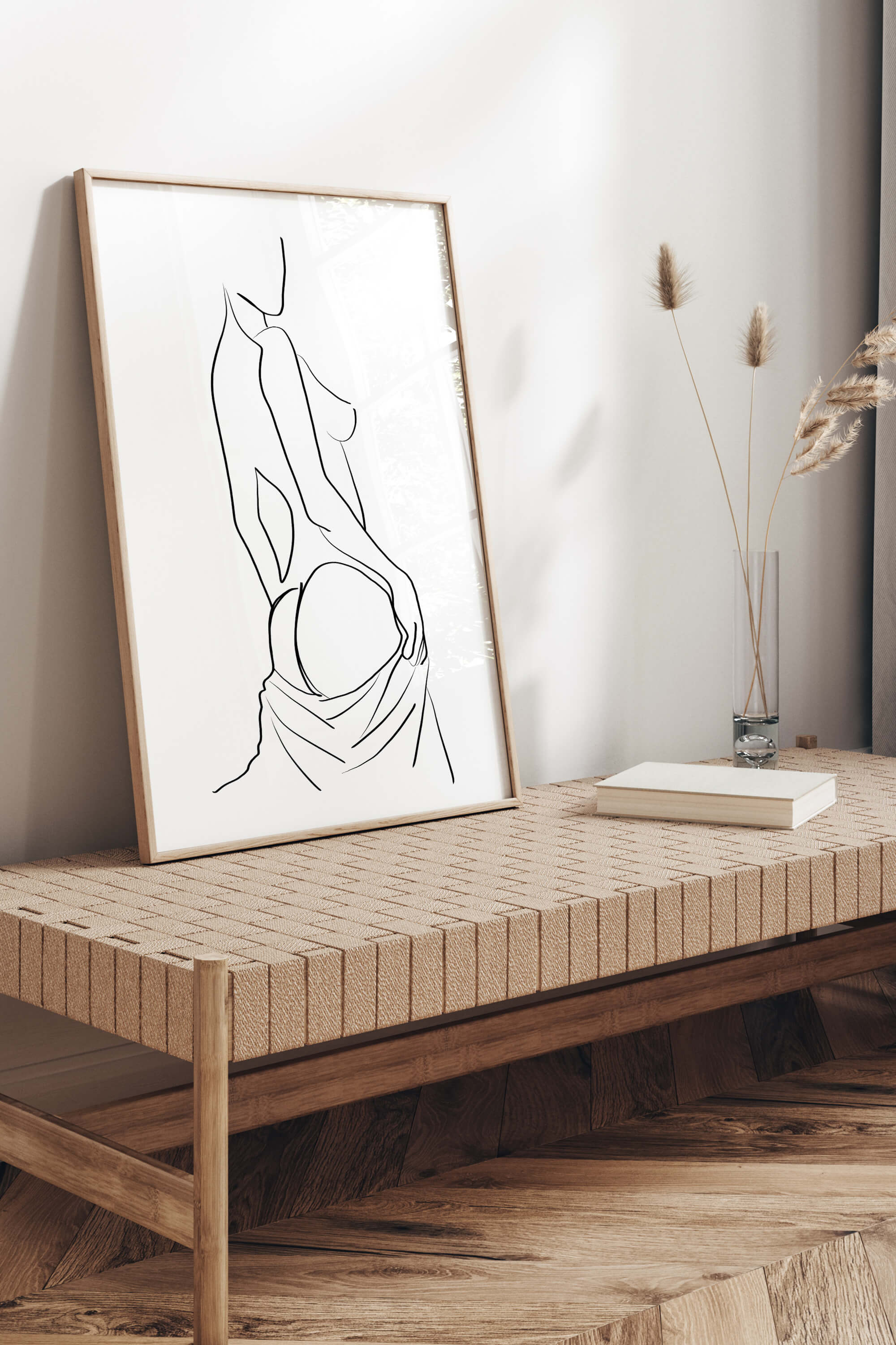 Immerse yourself in the symphony of sensuality with this elegant female line drawing. The black and white tones create a visual masterpiece, evoking a sense of charm and sophistication for a captivating wall display.