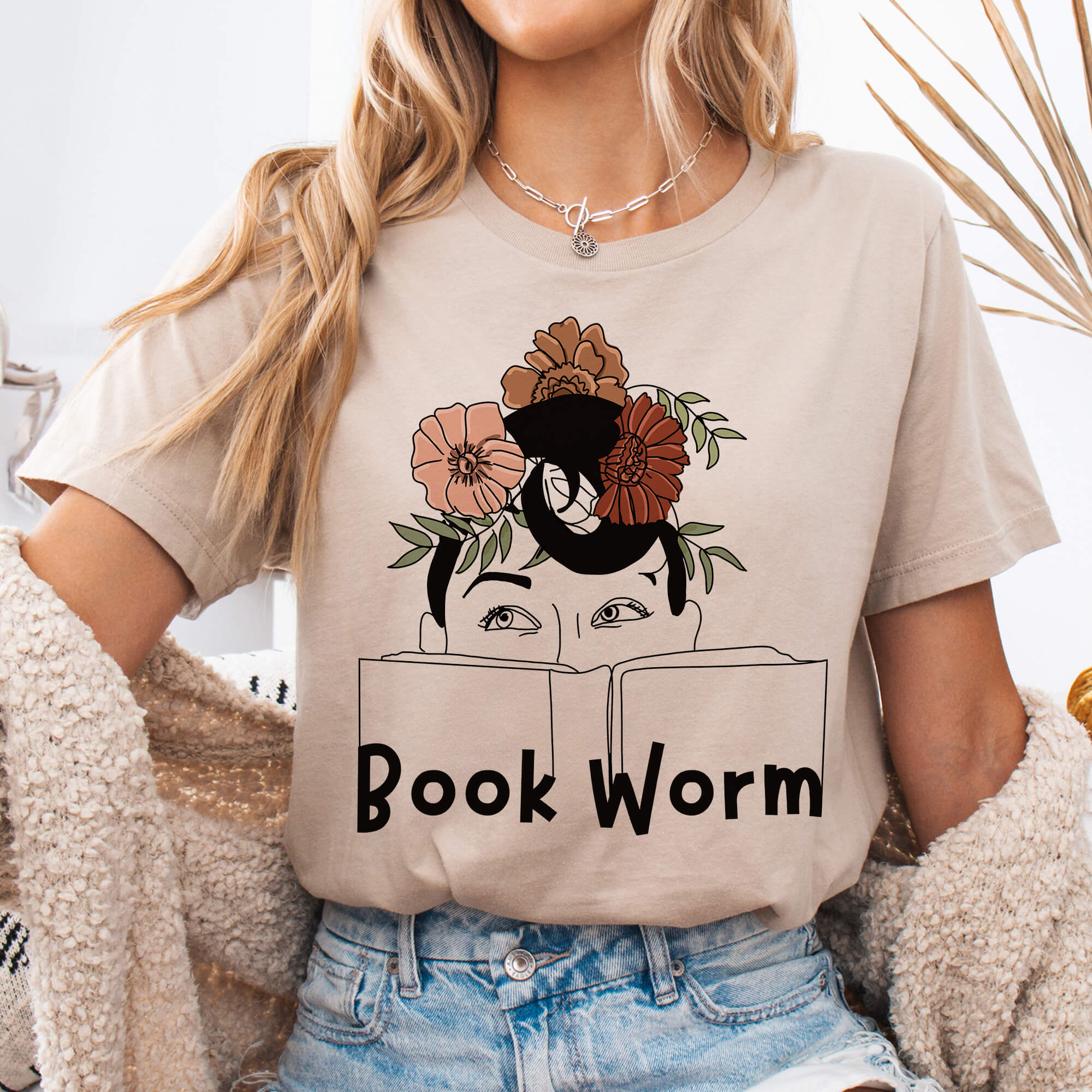 Tan Floral Book Worm Line Art T-Shirt