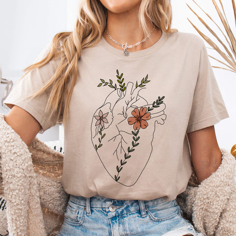 Tan Floral Anatomical Heart Line Art T-Shirt 