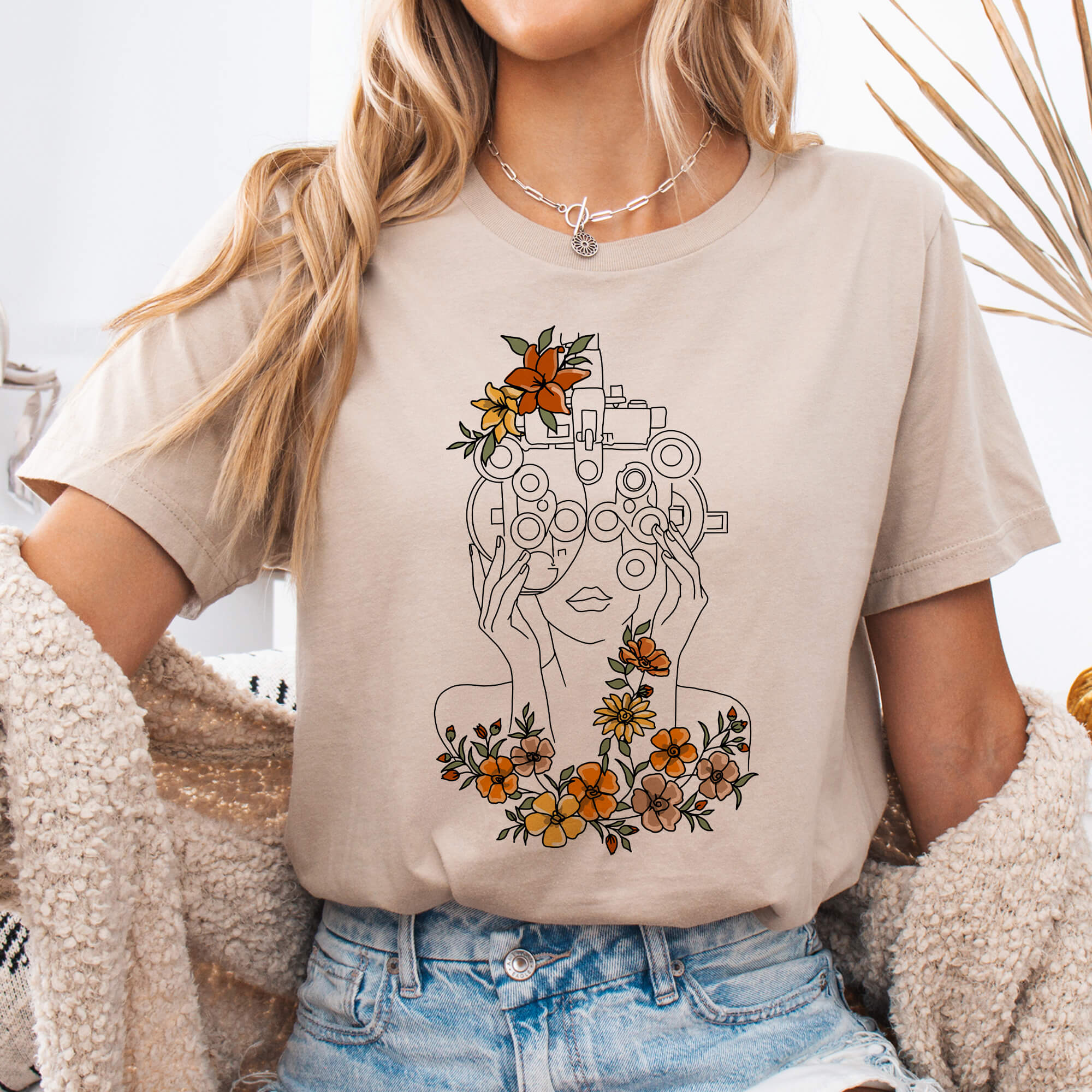 Tan Floral Phoropter Line Art T-Shirt