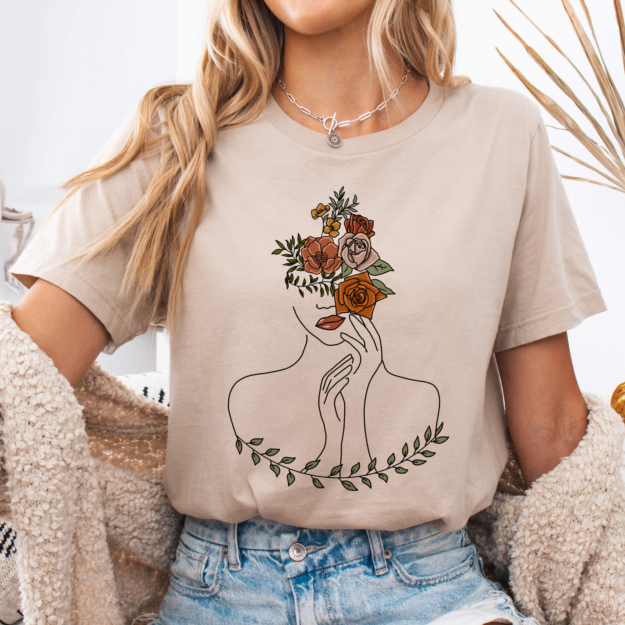 Tan Woman & Flowers Line Art T-Shirt