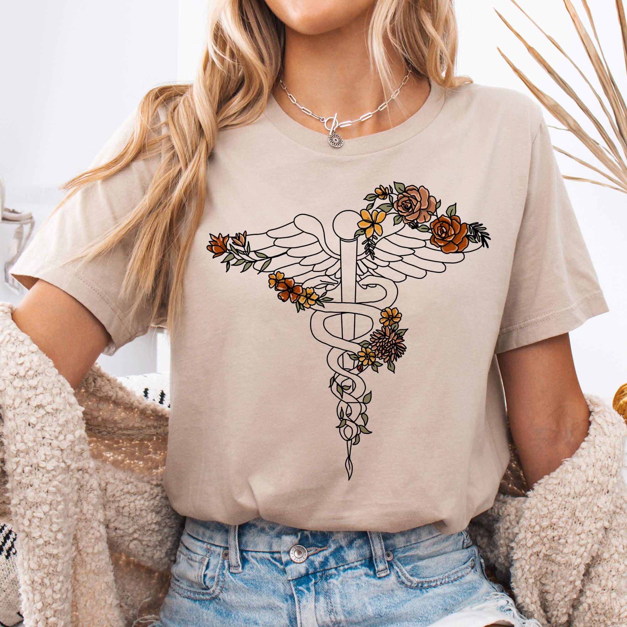 Tan Floral Caduceus Medical Symbol T-Shirt