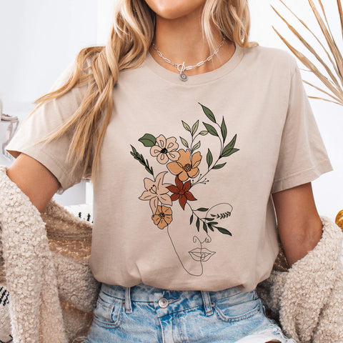 Tan Floral Face Bloom Line Art T-Shirt