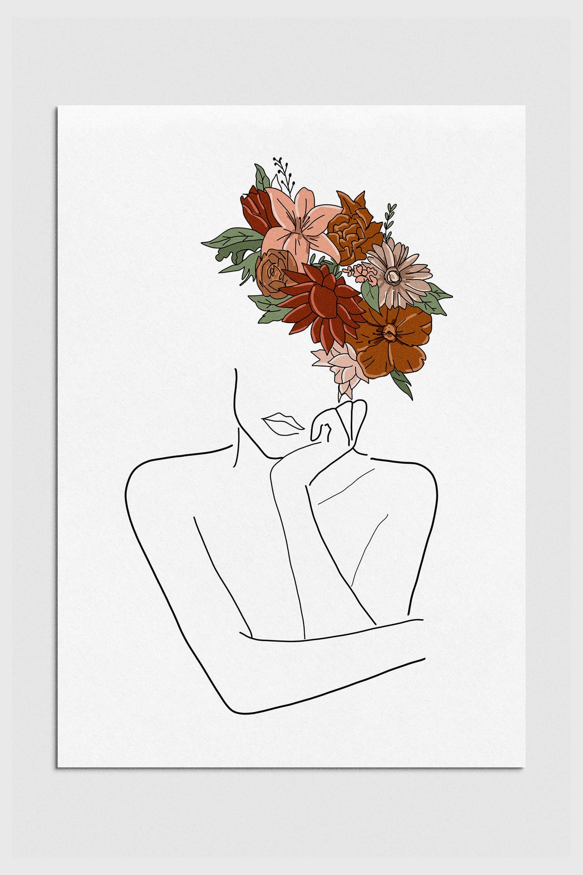 Line art of a thoughtful woman with a flower head, symbolizing a fusion of nature and introspection.