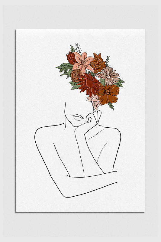 Line art of a thoughtful woman with a flower head, symbolizing a fusion of nature and introspection. 2000