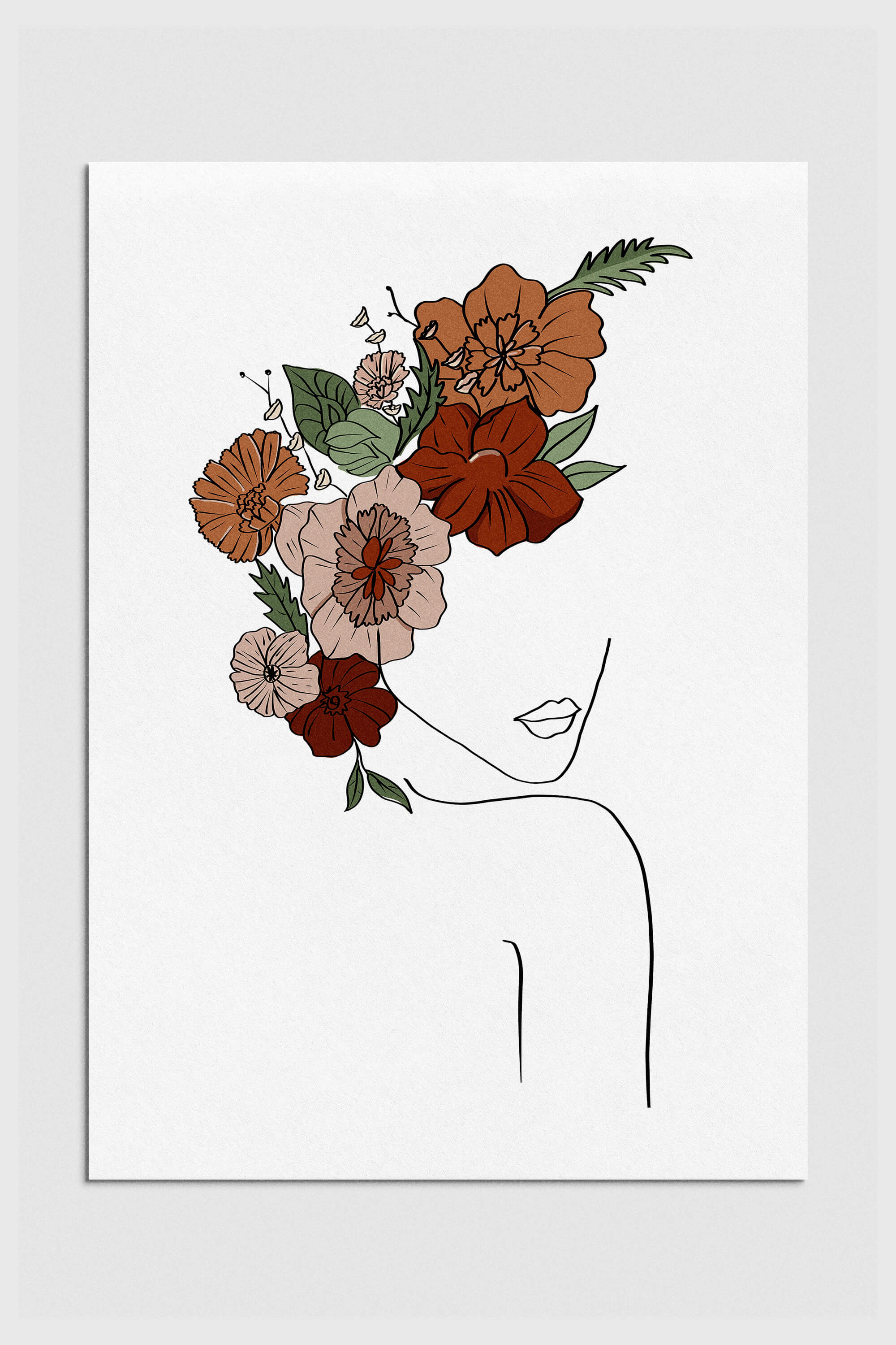 Enigmatic woman with floral head wall art