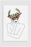 Timeless beauty of a serene woman with a flower crown in a line art print.