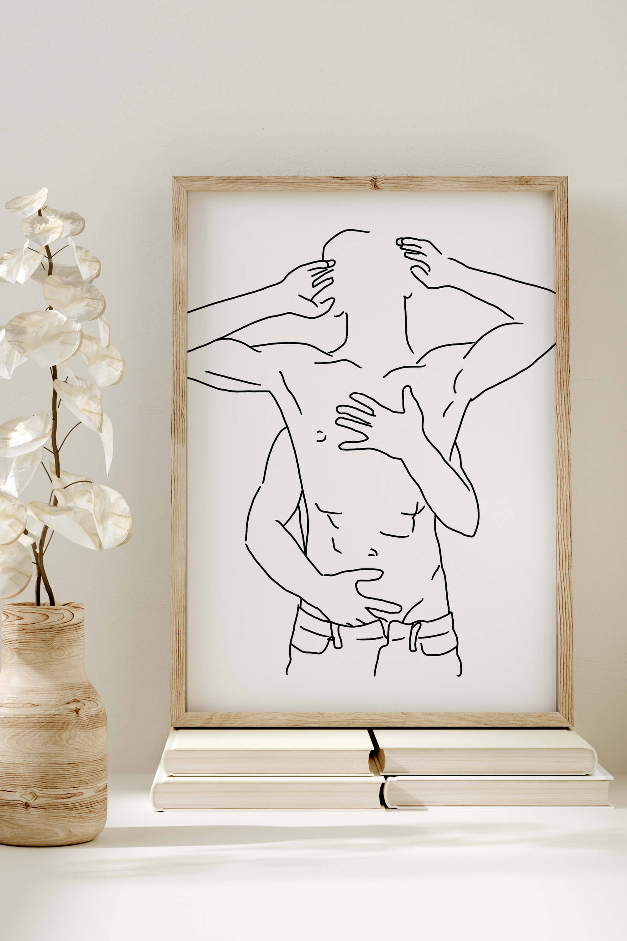 Male couple line art in monochrome, showcasing the beauty of love and devotion. This art print enhances living spaces with its minimalist yet powerful depiction of passion and connection.