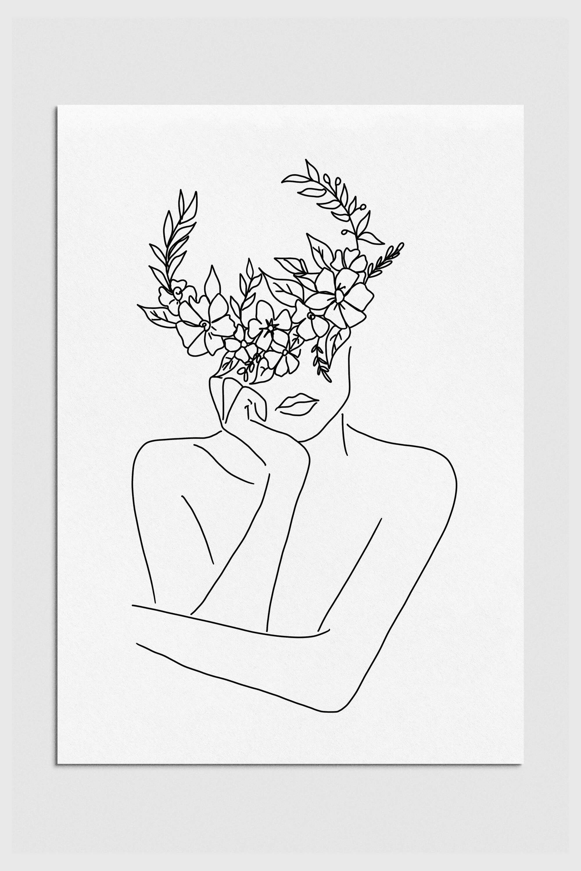 Serene woman in line drawing style, showcasing timeless beauty with an intricate floral crown. Black and white art print exuding elegance and grace.