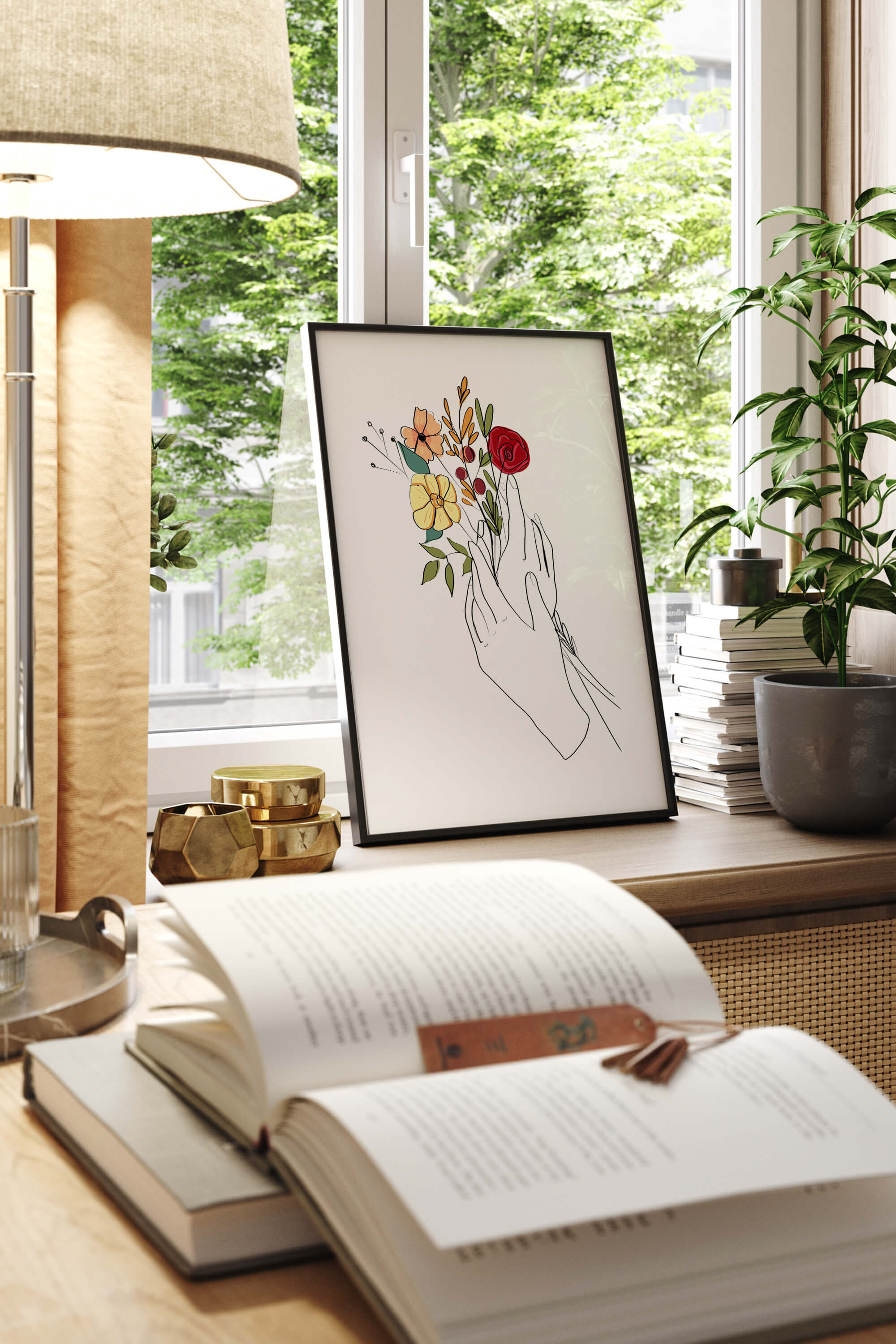 Tranquil depiction of a woman in a floral embrace, an intricate line art print for modern homes.