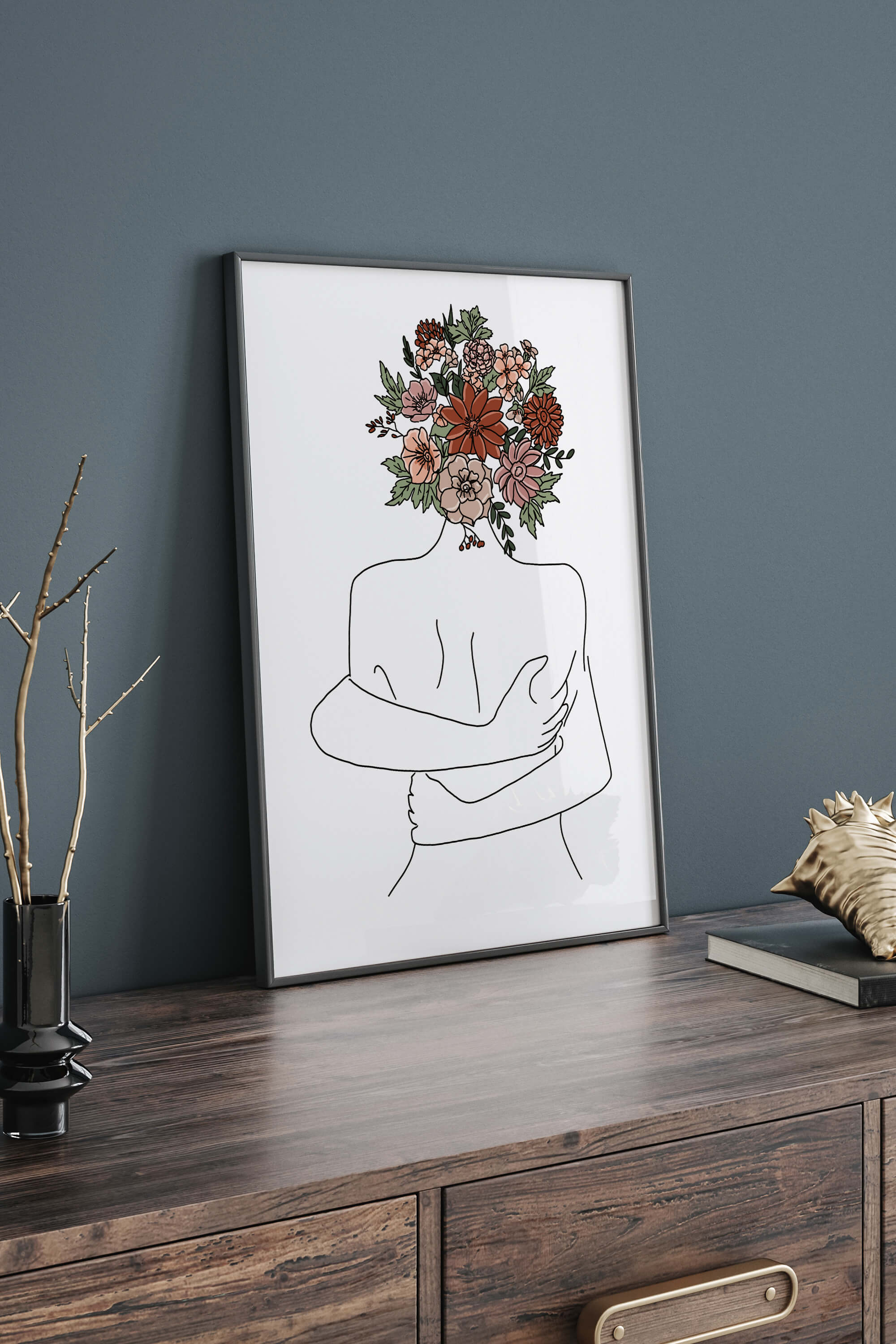 A celebration of romance for your bedroom. This abstract couples' art print combines captivating beauty with the warmth of abstract floral elements. The visual symphony of passion and admiration is the perfect addition to your shared sanctuary.