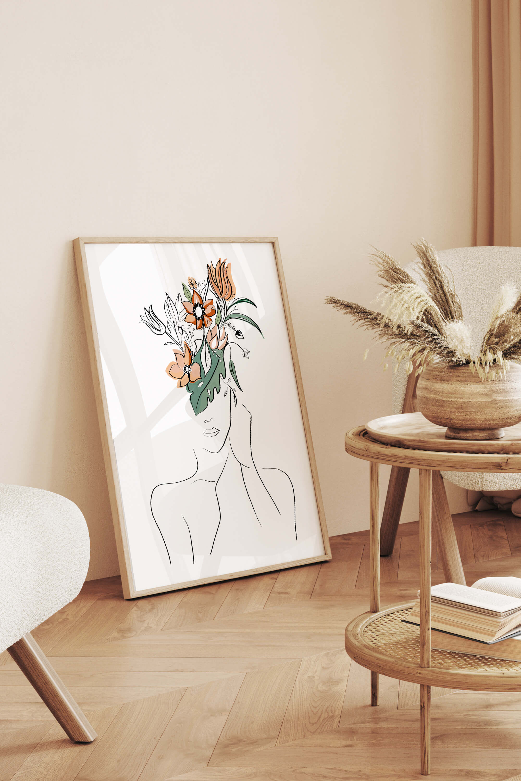 Modern Feminine Body Line Drawing Art, capturing the essence of a woman's figure with a stylish flower head motif.