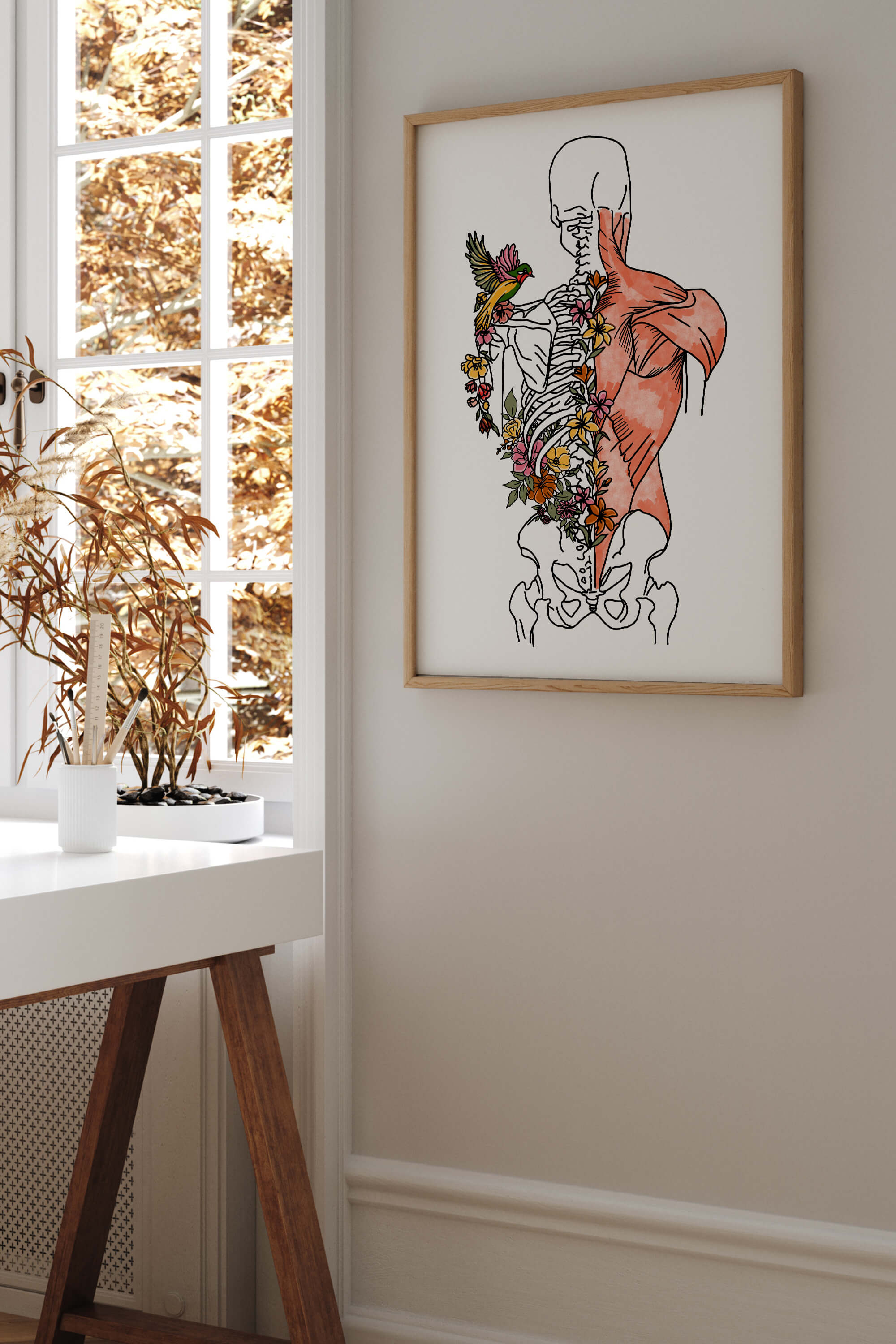 Unique Anatomical Muscle Decor featuring colorful floral accents, an ideal present for health professionals and gym enthusiasts.