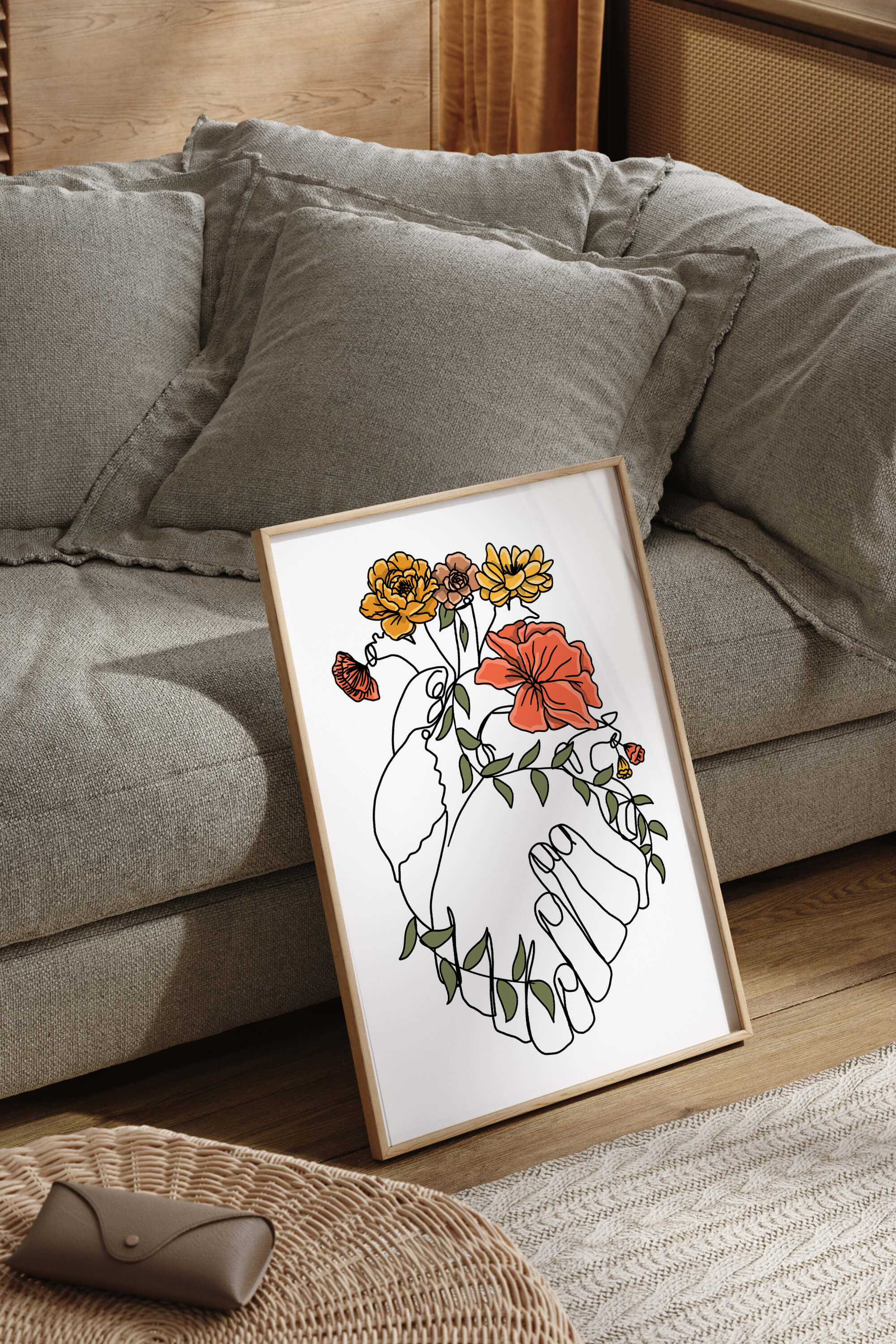 Unique love line art showcasing the intricate connection of floral patterns and heart anatomy, ideal as an intimate anniversary gift.