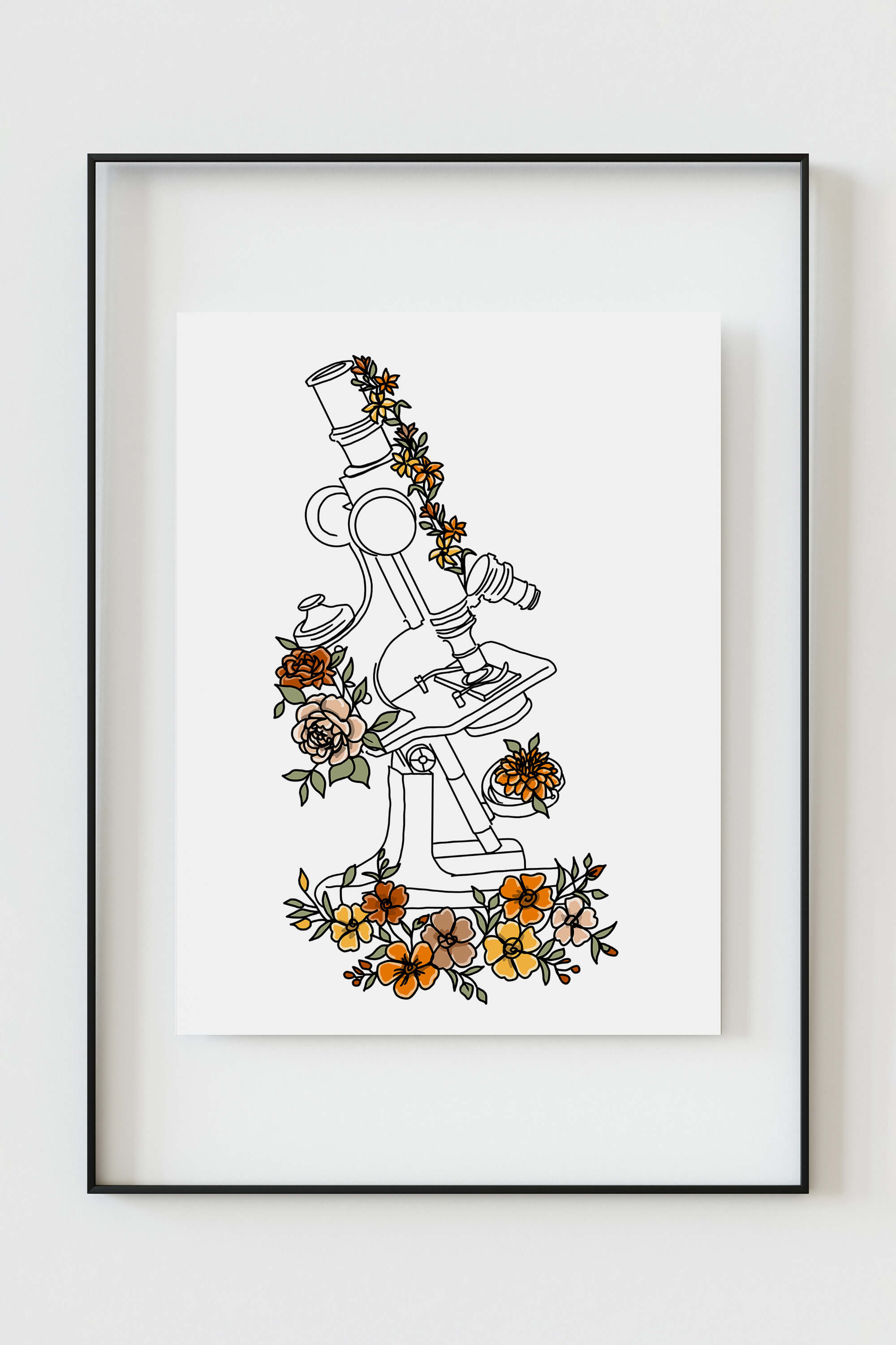 Vibrant Microscope Wall Art blending botanical beauty with educational themes, suitable for science classroom decoration.
