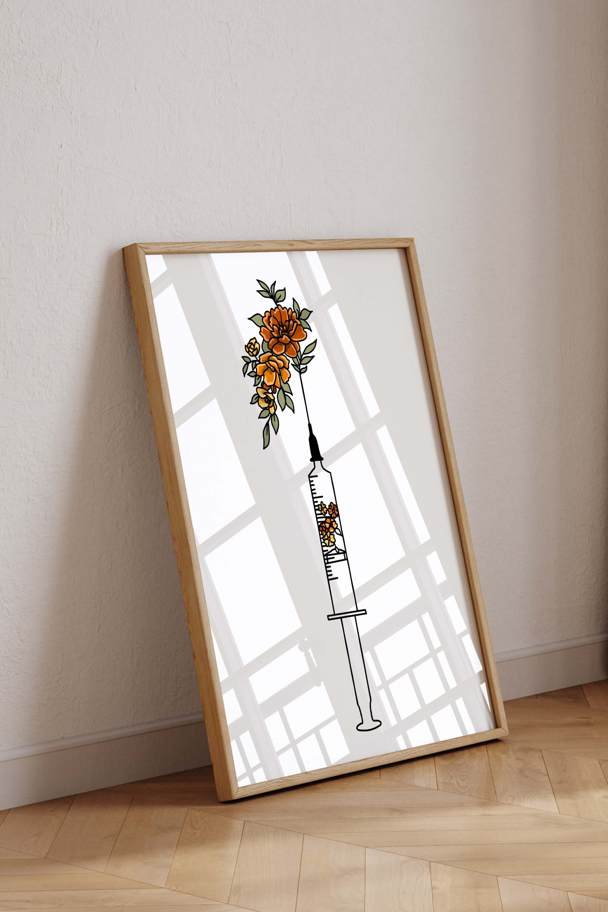 Vibrant Floral Syringe Office Art for Medical Professionals, merging healthcare imagery with botanical beauty.