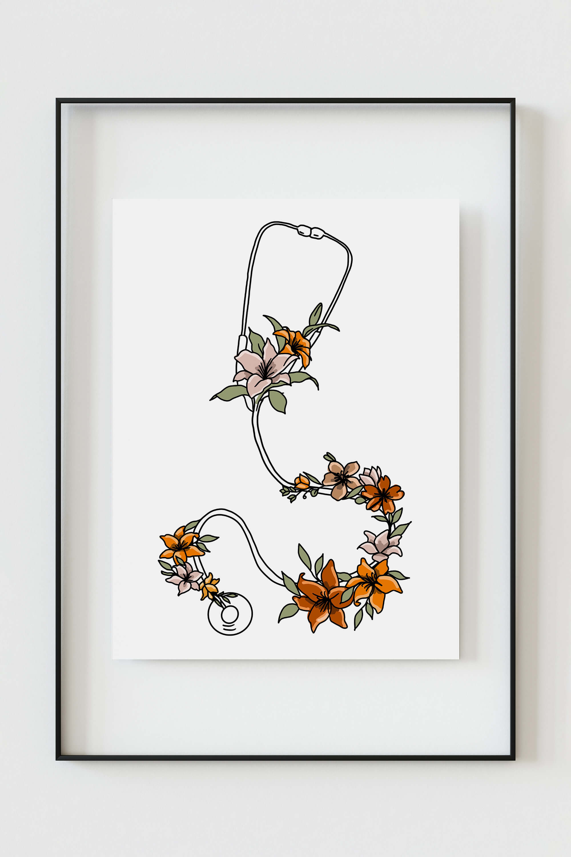 Vibrant medical wall decor featuring a stethoscope intertwined with flowers, ideal for healthcare settings.