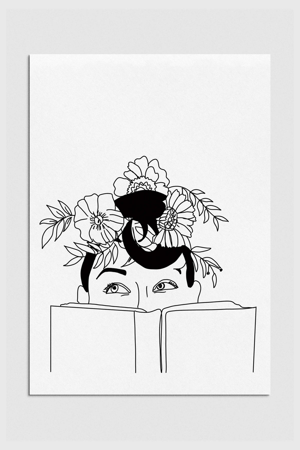 Whimsical woman with floral head in serene line art style, capturing the essence of literature and nature. Black-and-white print with captivating details, perfect for home decor and book lovers.