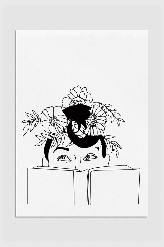 Whimsical woman with floral head in serene line art style, capturing the essence of literature and nature. Black-and-white print with captivating details, perfect for home decor and book lovers. 2000