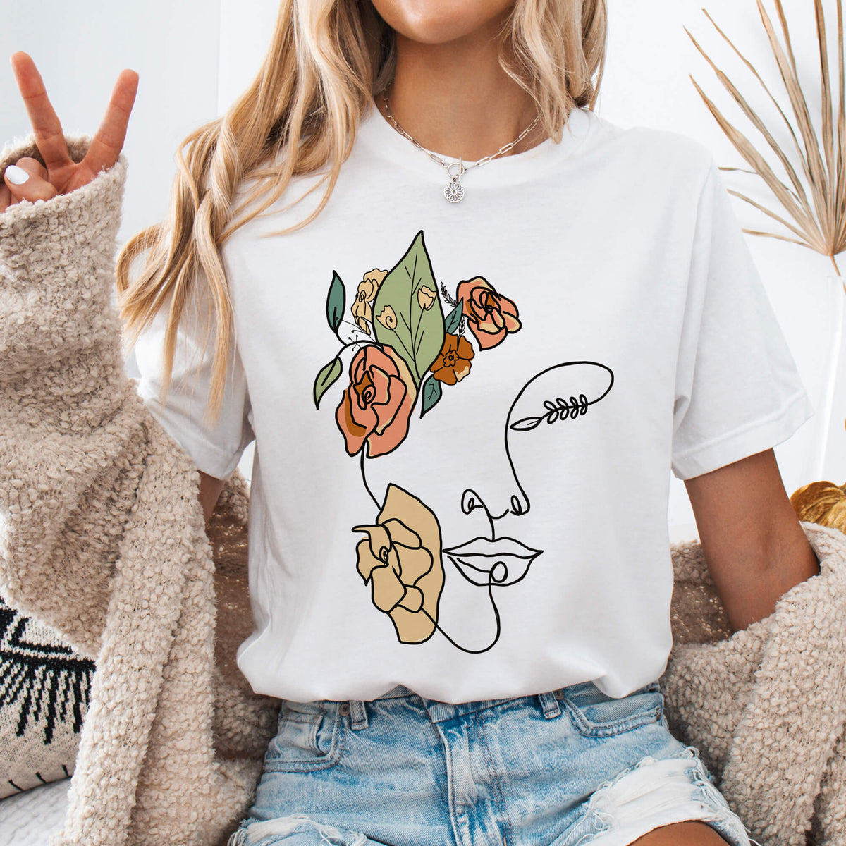 White Abstract Floral Face Line Art T-Shirt